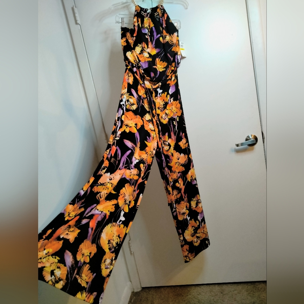 Thalia Sodi (Size M) Multicolored Floral Gold Chain Collar Jumpsuit (NEW-NWT)